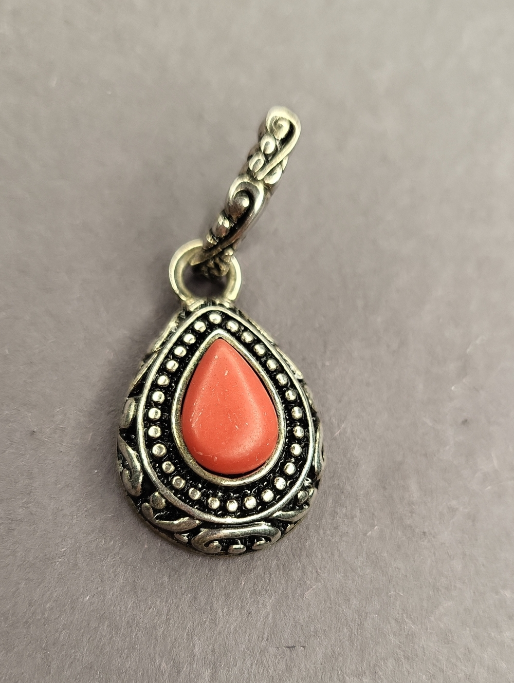 Sterling-Style Teardrop Pendant Necklace with Coral-Red Stone
